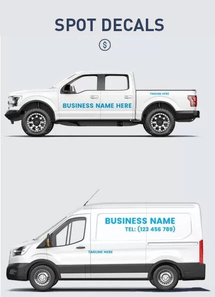 Two vehicles with customizable business decal text on a light gray background